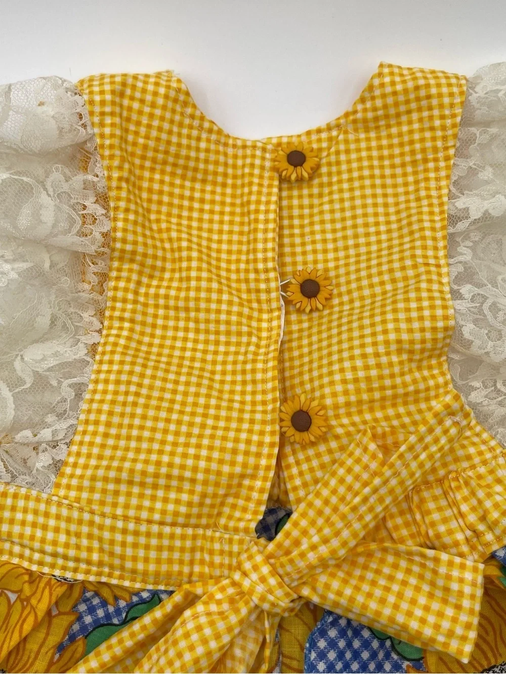 Handmade Sunflower Gingham Baby Dress with Blooming Skirt Lace Florals 9 mos